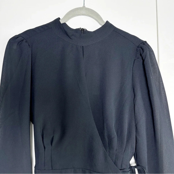 NWT Francesca’s Mi Ami Black Keyhole Wrap Dress Chiffon Sheer Sleeves Large Mock - Picture 10 of 15